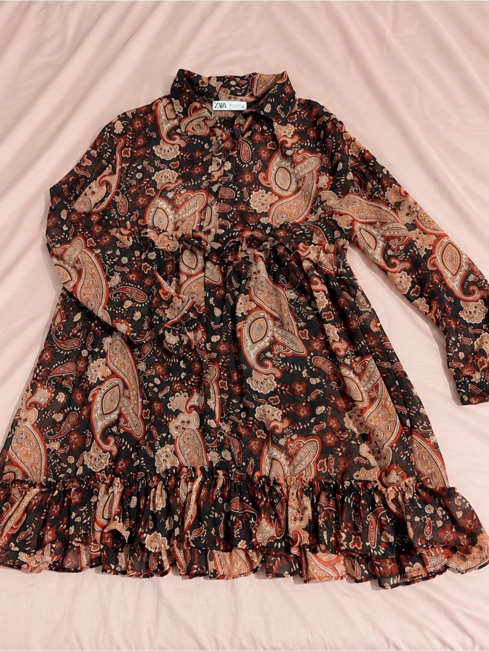Zara Paisley Ruffle-Hem Dress - Black & Rust Tones